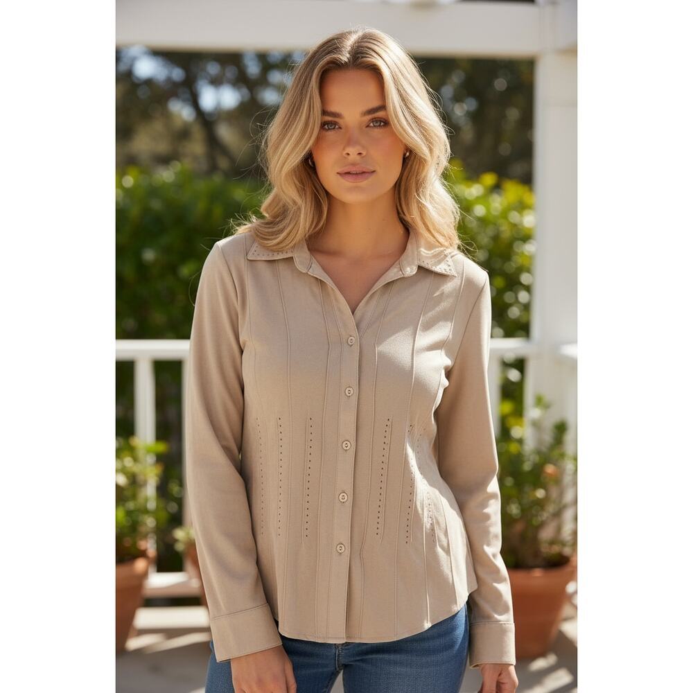 Lemon Grass Studio Beige Button Front Blouse Size S Neutral Collared Top